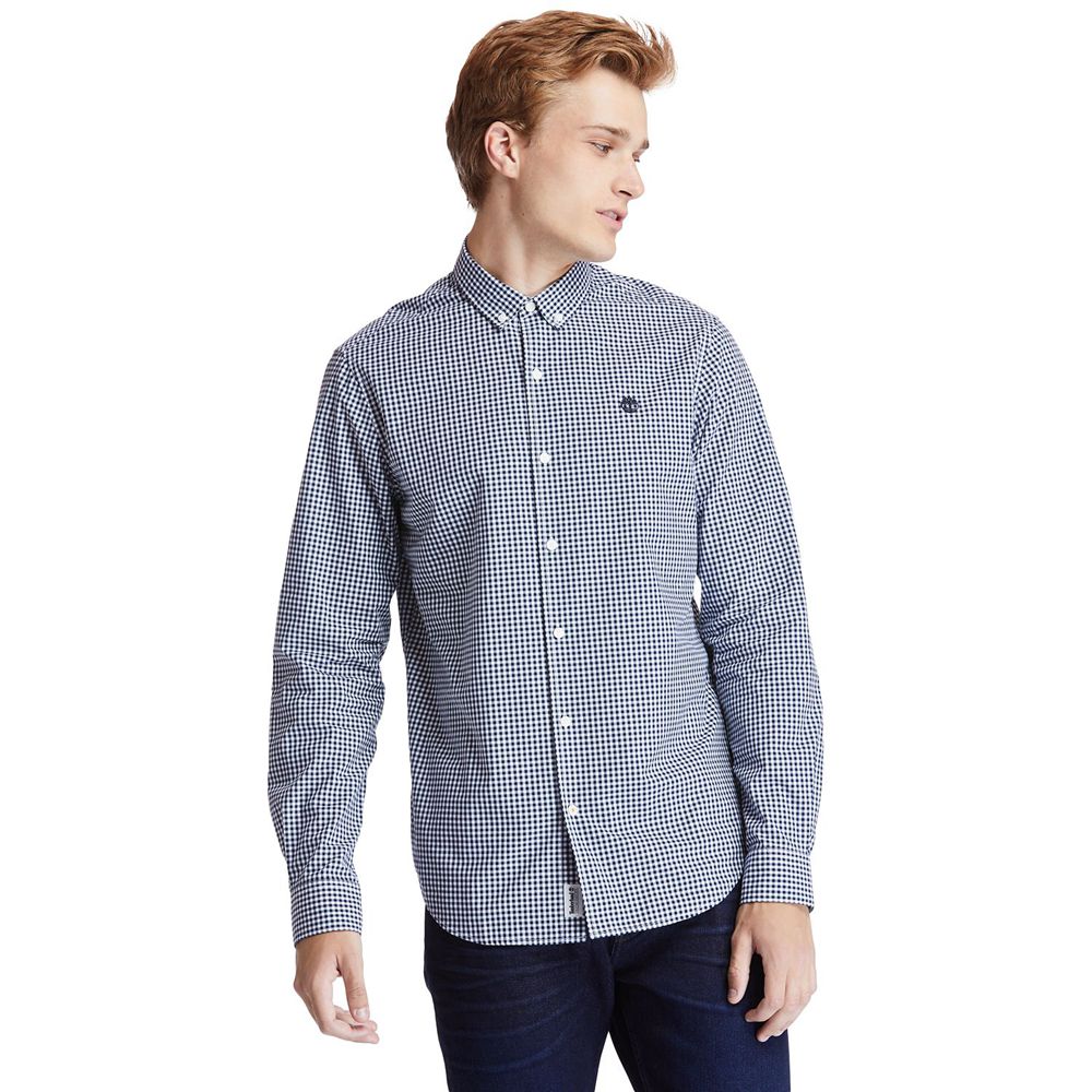 Camisa Timberland Hombre Suncook River Long-Sleeve Poplin Gingham Azules - Chile TEK-896103